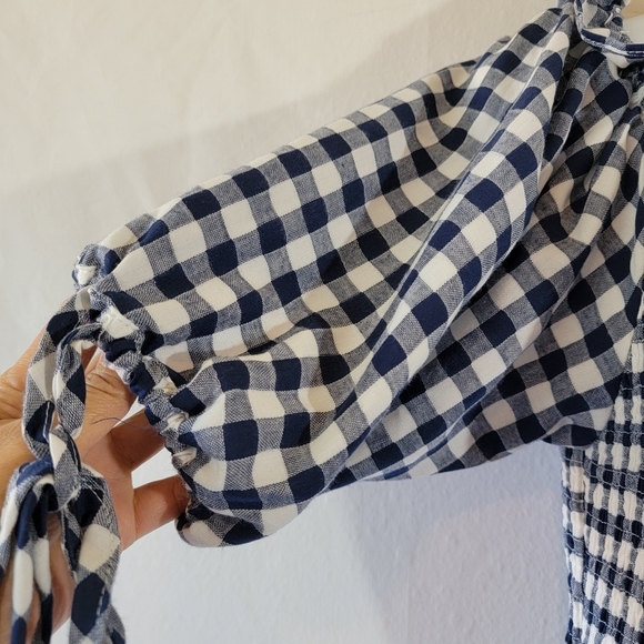 Anthropologie MABLE Blue/White Gingham Smocked Mini Dress Sz M Y2K Peasant Fairy - Picture 7 of 12